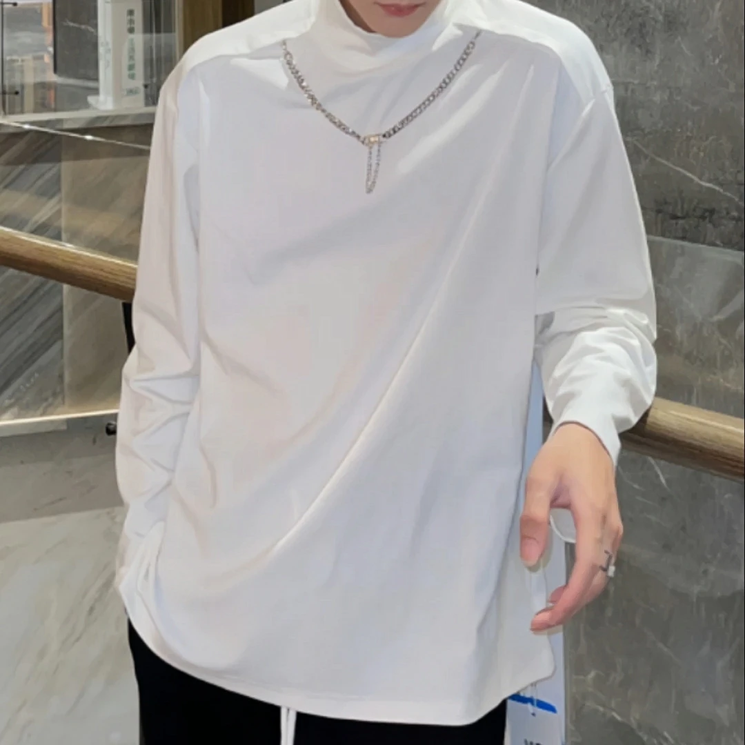 OOTD | 打底新品-半高领气质体恤宽松纯色休闲打底衫韩版百搭链条