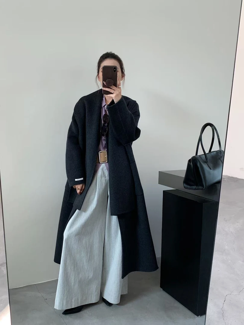 长款厚款秋冬双面呢外套毛呢外套冬季极简风长袖