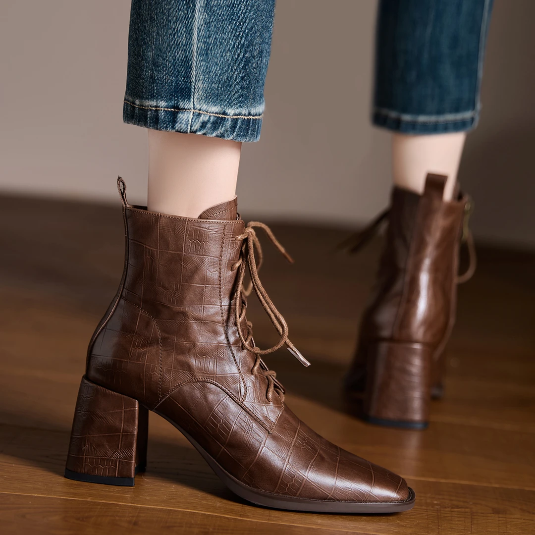 小个子手工女鞋7cm~粗跟短靴复古压花牛皮休闲系带马丁靴方头高跟