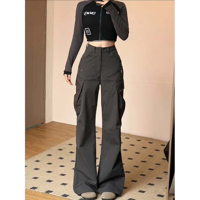 【小乐专享】美式工装裤欧若风女直筒阔腿高个子微喇休闲长裤潮