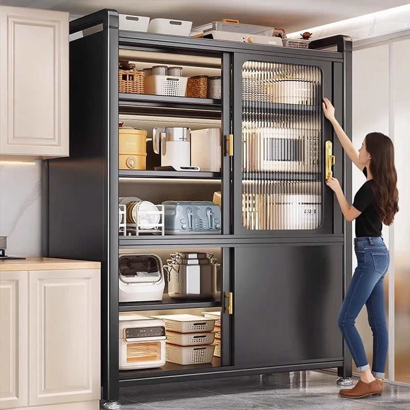 新款厨房置物架多功能橱柜落地餐边柜推拉门防尘微波炉碗碟收纳柜