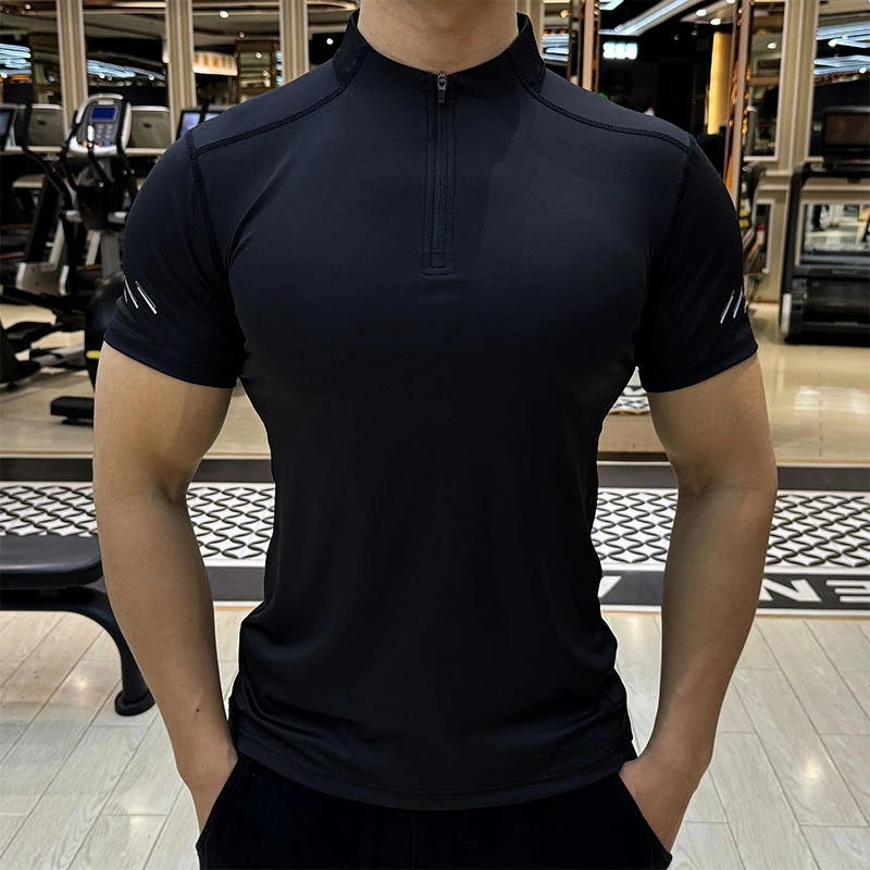 半拉链短袖男透气弹力速干衣跑步健身训练服立领修身上衣休闲T恤