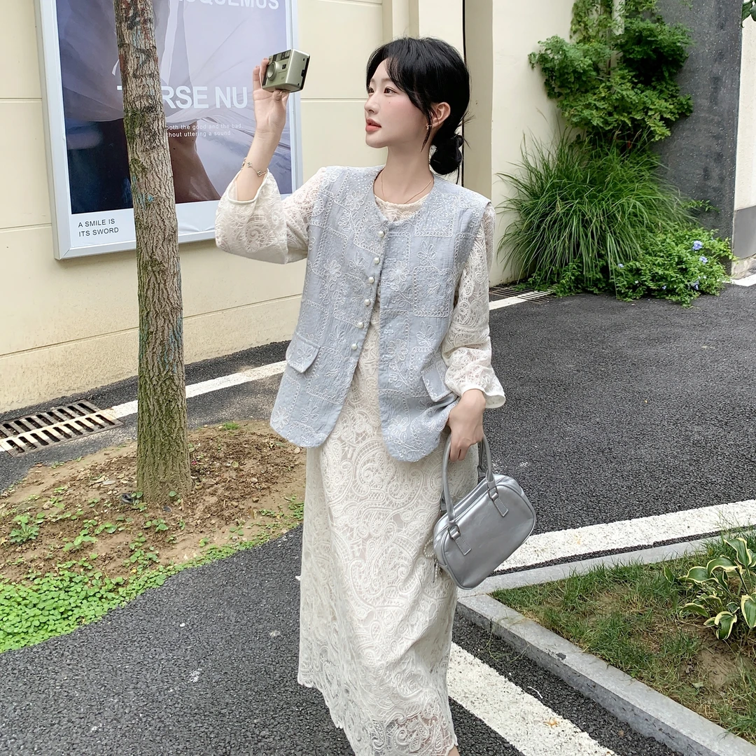 2025秋气质名媛淑女时尚马甲蕾丝连衣裙两件套套装丁达尔风miu系