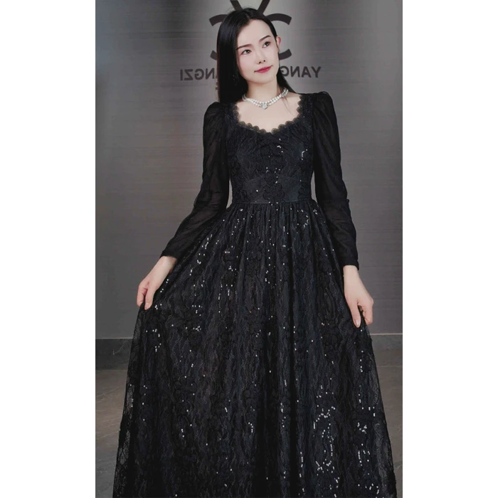 浪漫花海105057高定亮片刺绣连衣裙法式轻奢高级显瘦蕾丝长裙气质