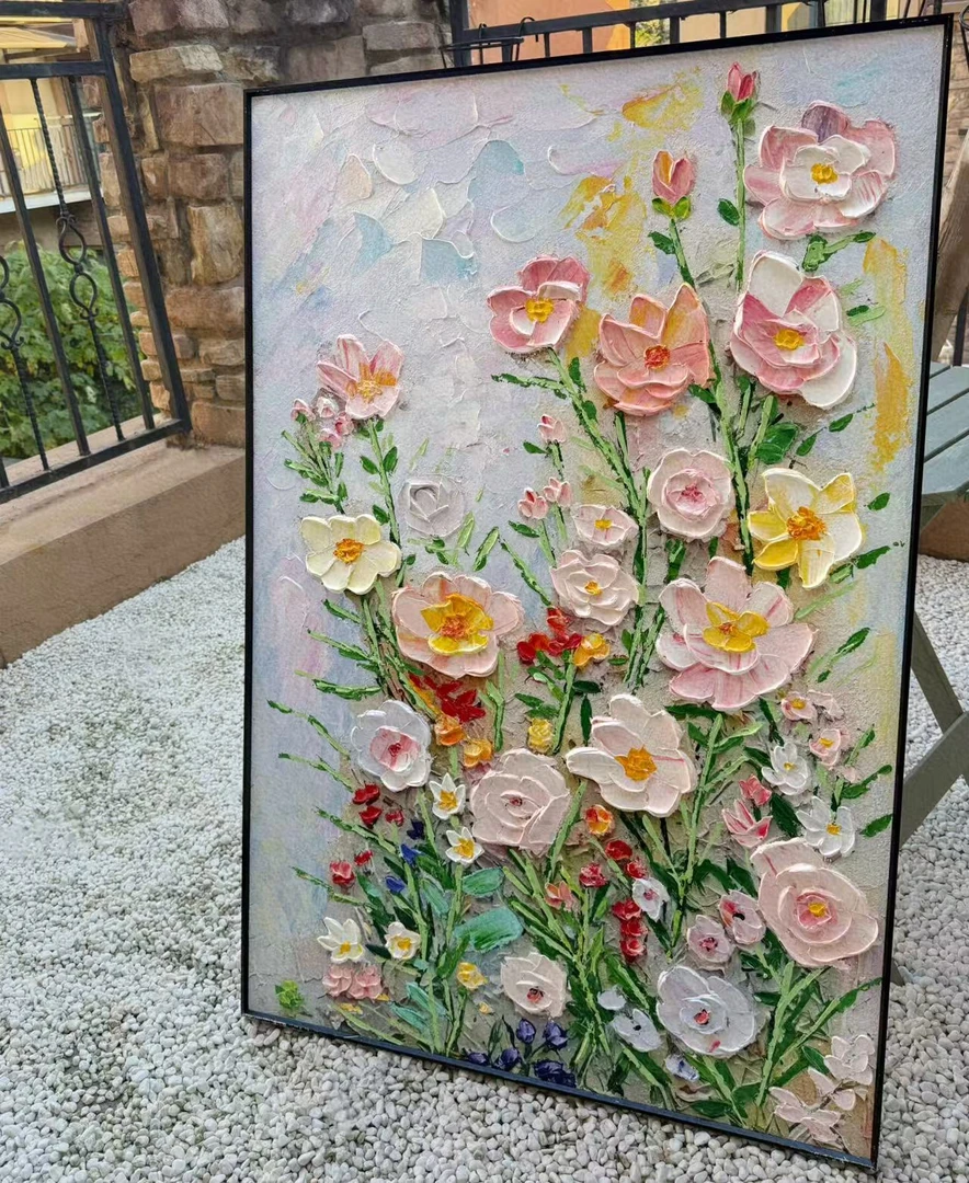 法式奶油大花风纯手绘油画客厅玄关抽象花卉装饰画治愈系