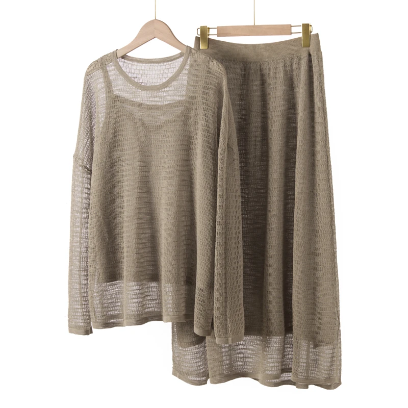 夏季爆款轻薄透气裙套装气质百搭针织长袖套装通勤宽松半身裙套装