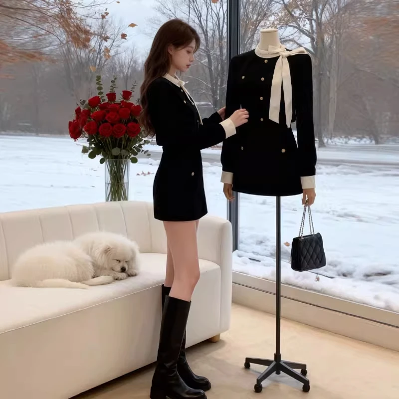 小香风套装裙富家千金穿搭秋冬新款高级感小洋装小个子丝绒两件套