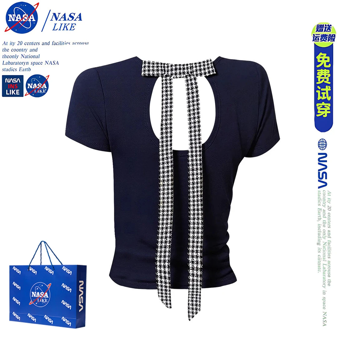 NASA美式正肩短袖t恤女夏季修身后背镂空蝴蝶结绑带辣妹纯欲上衣