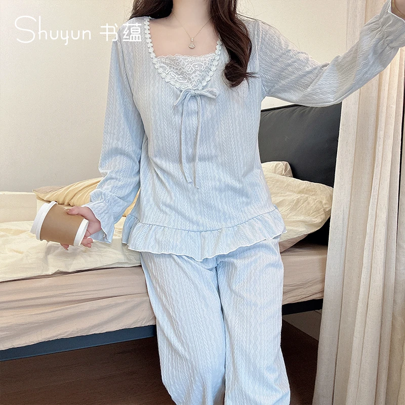 纯色睡衣家居服套装蕾丝拼接带胸垫宽松时尚居家服秋冬甜美可外穿