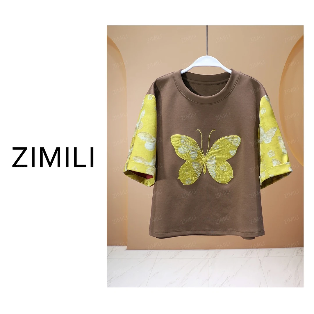 【亮哥女装】2025欧版秀场款摩卡色蝴蝶刺绣拼接袖休闲短袖8663-C5