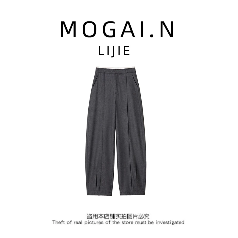 灰色弯刀香蕉裤女2025秋季新款羊毛裤高腰窄版直筒裤25883