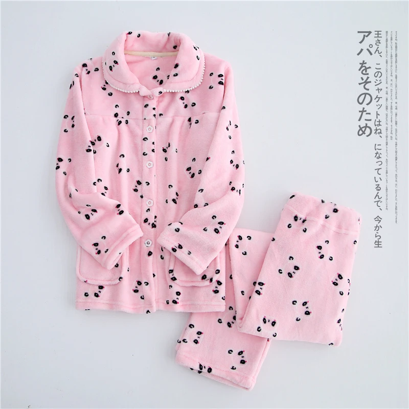 清仓 女款法兰绒家居服套装保暖休闲睡衣可爱熊猫款
