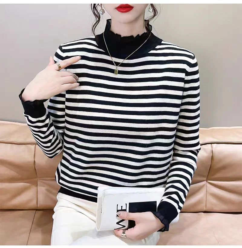 【蕾丝打底衫～黑色】条纹半高领女蕾丝毛衣新款爆款内搭针织打底衫