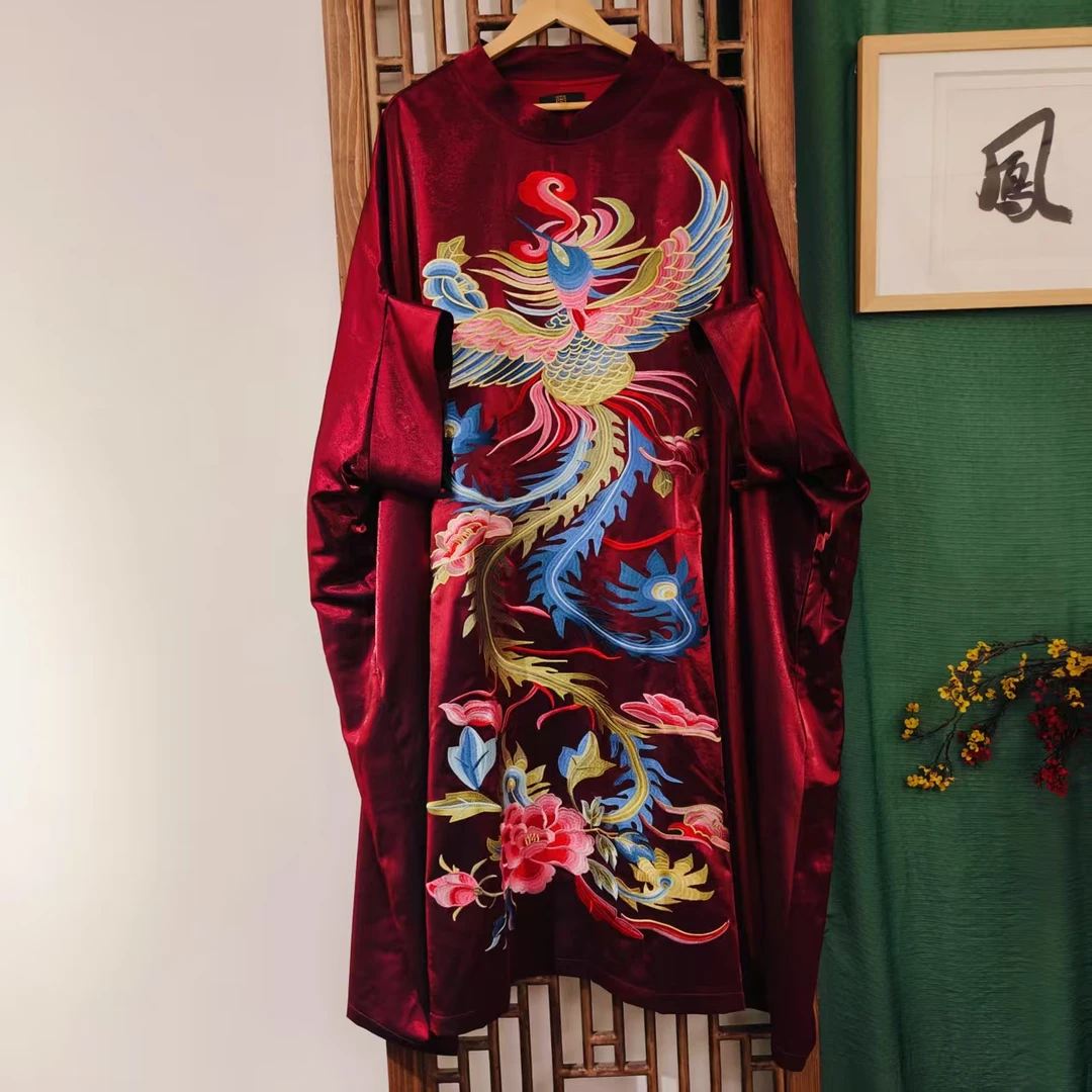 (LS325-3)凤徕兮私人定制暗红色光板底彩凤刺绣套头袍子外套