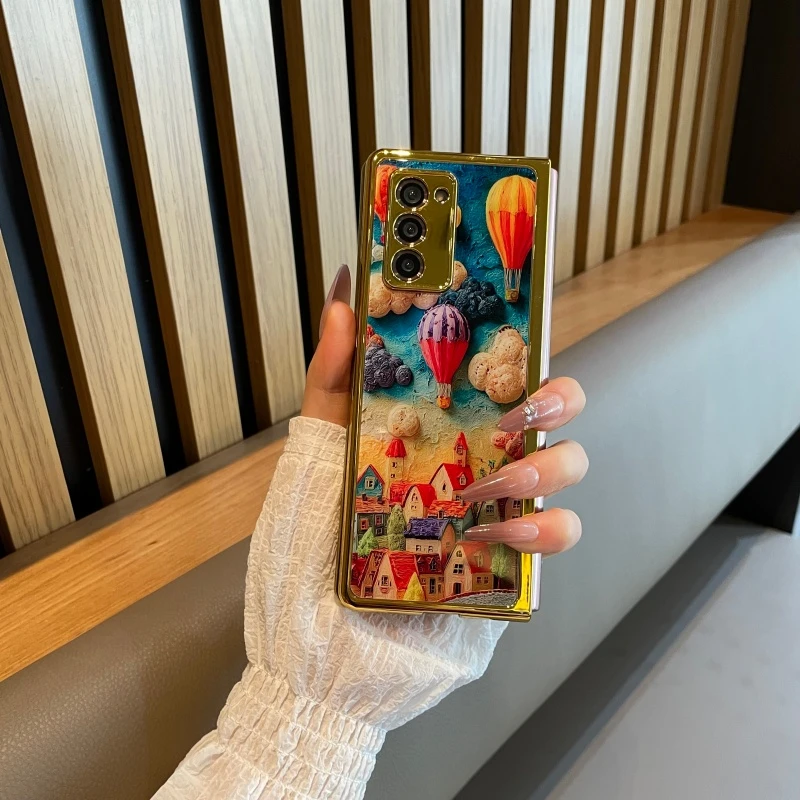 适用三星galaxy z fold2手机壳电镀玻璃油画气球小屋w21保护壳潮