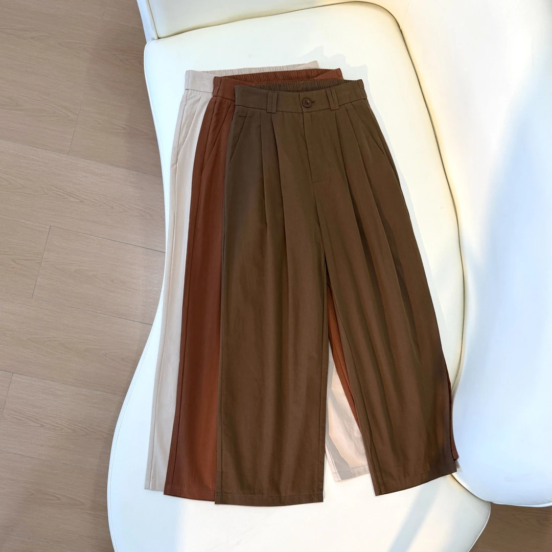 薄款高腰夏季水洗八分裤休闲裤阔腿裤纯色松紧腰百搭