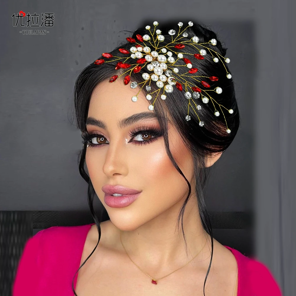 优拉潘时尚婚纱礼服发梳水钻珍珠新娘中式红色盘发秀禾头饰HP851