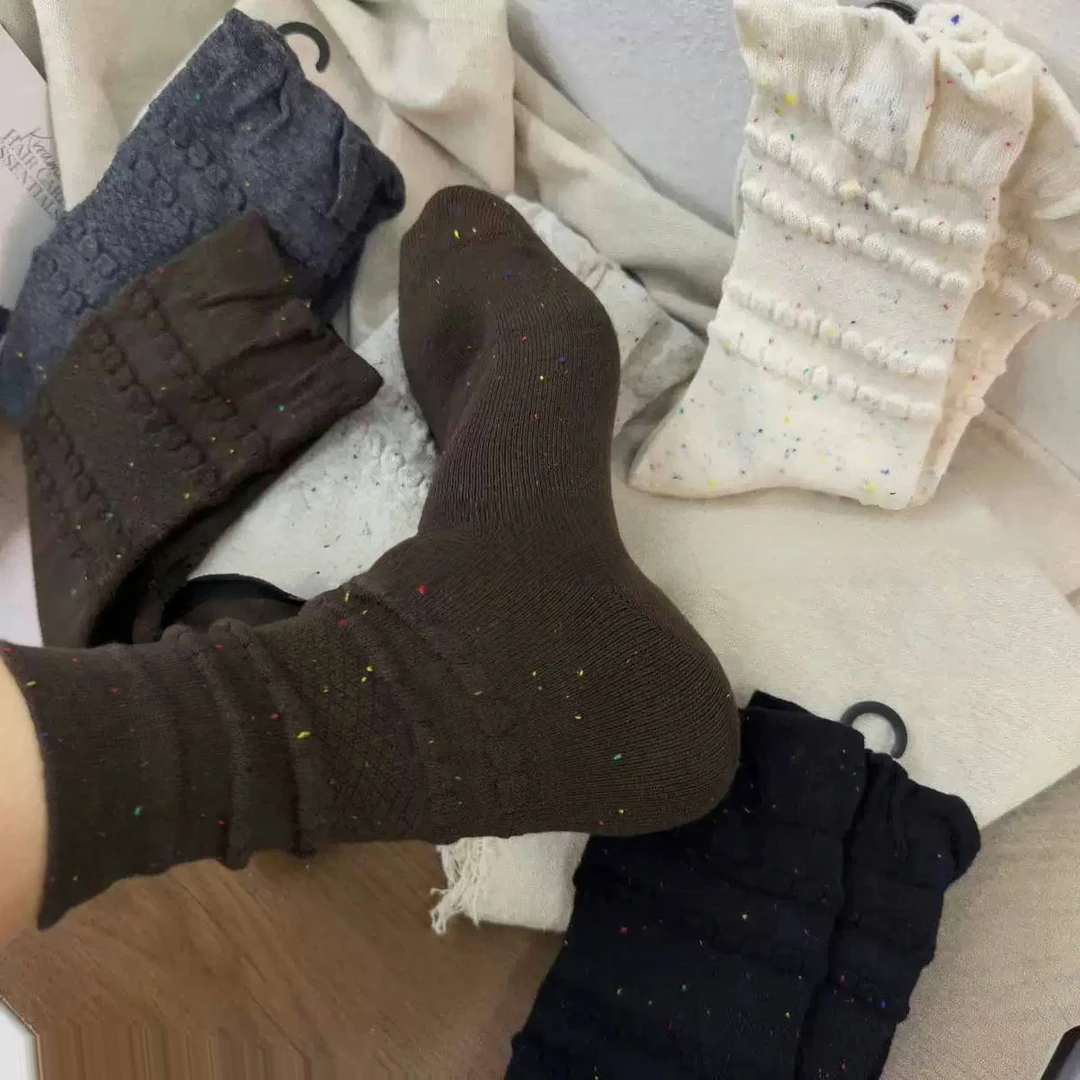 5双会呼吸中筒袜子秋冬季堆堆袜棉袜点子纱泡泡口慵懒氛围感