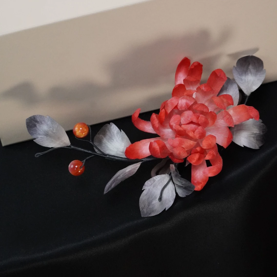 画中菊 水墨红 发夹百搭非遗绒花发饰头饰国风古风旗袍新中式头花