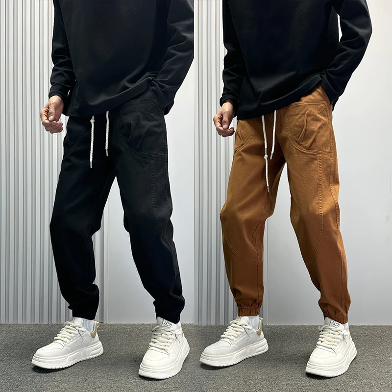 美式多袋束脚工装裤男高级感痞帅潮牌纯色九分休闲裤男士束脚裤子