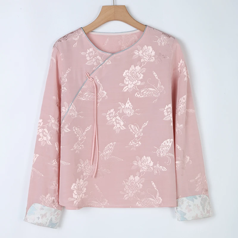 崔万志专属长袖印花新中式国风薄斜襟小衫圆领打底衬衫显瘦-M9822