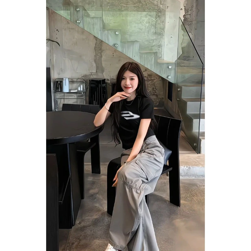 美式复古休闲百搭夏季新款小众短款印花黑色短袖上衣高腰工装裤女