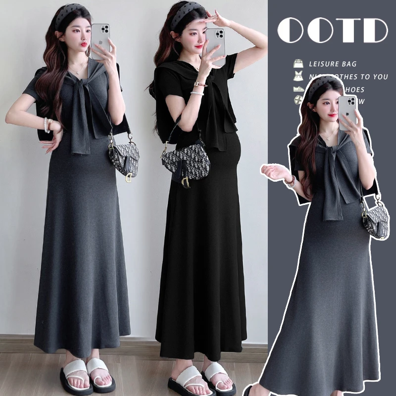 【安安】夏季新款孕妇装休闲纯棉百搭长裙带披肩两件套宽松孕妇连衣