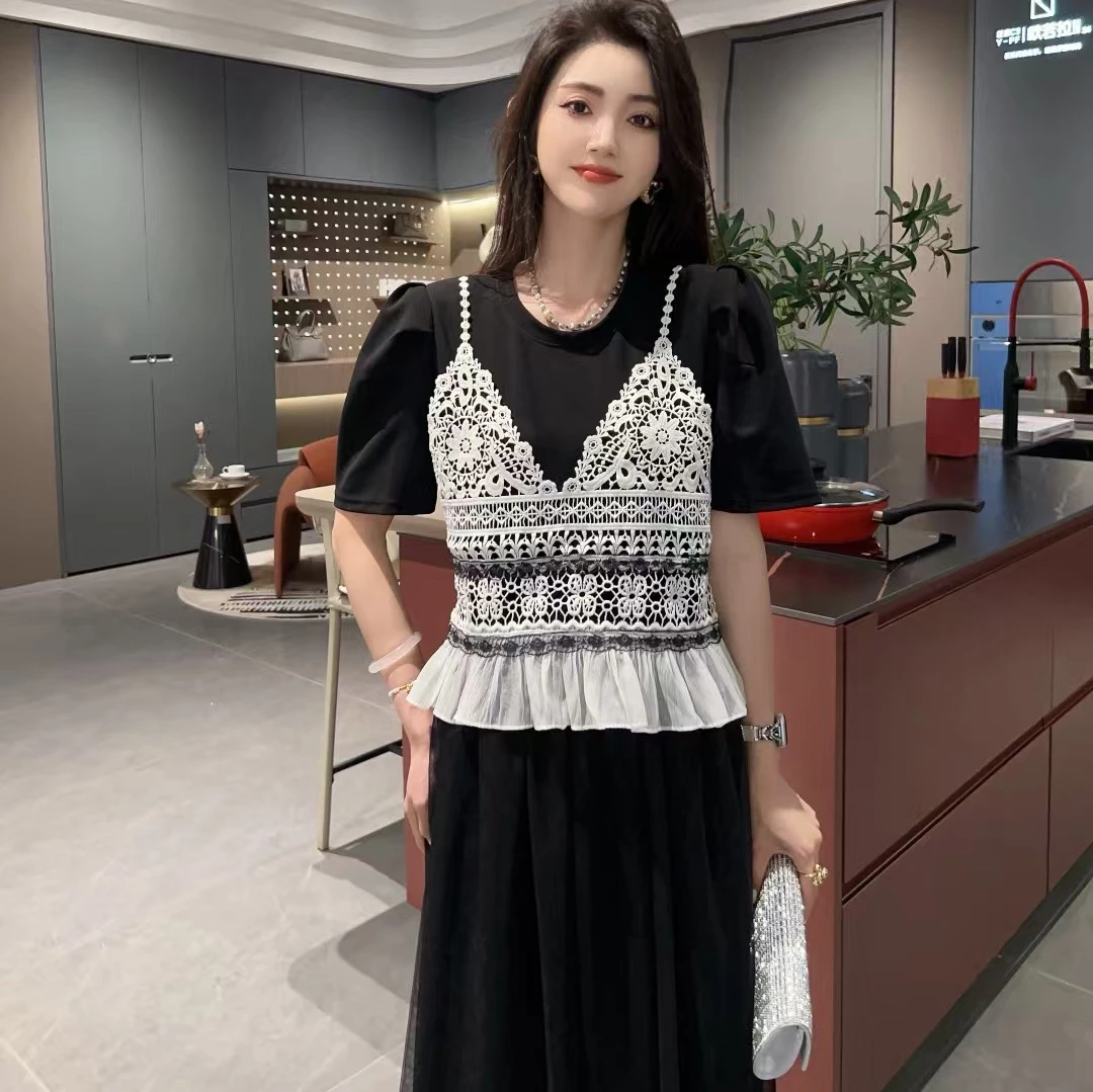 修身型短袖连衣裙收腰常规款拼接显瘦法式大码连衣裙