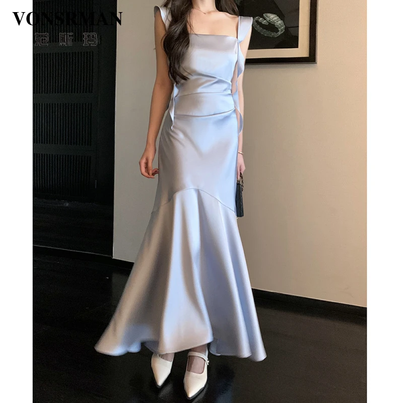 VONSRMAN多巴胺吊带连衣裙女夏季缎面设计感气质修身生日礼服长裙