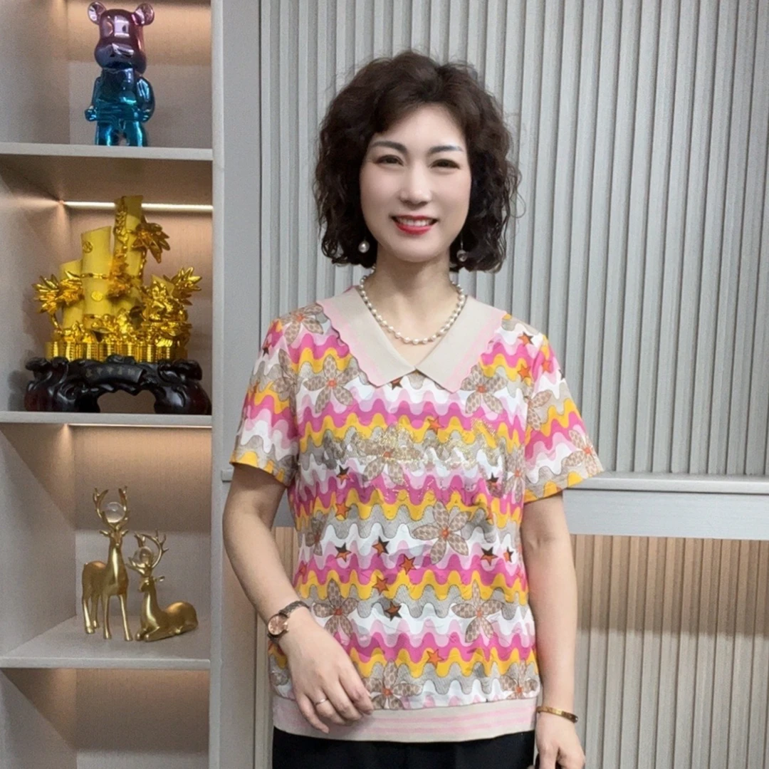 妈妈装流行欧若拉时尚潮牌女装宽松夏装女士独特漂亮小衫休闲短袖