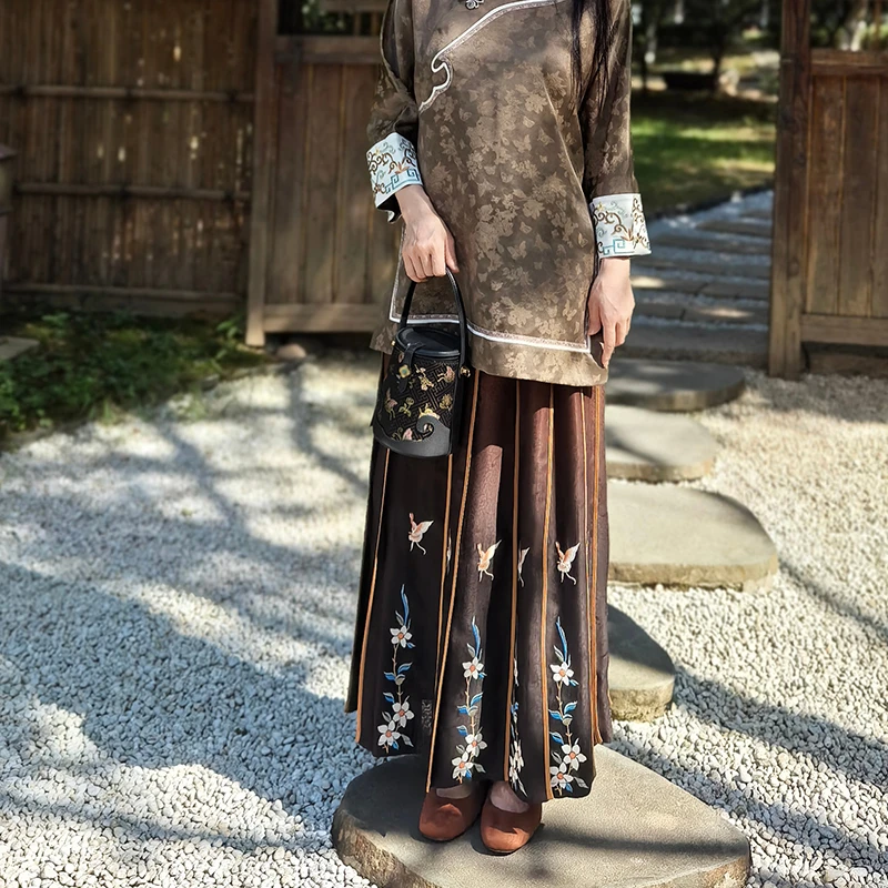 满桑红云纱提花花罗平铺松紧腰大摆国风马面裙888M