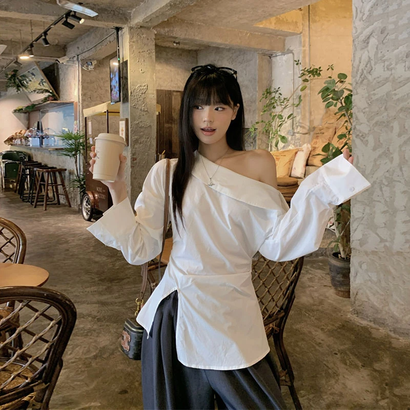 夏季新款一字露肩开叉收腰显瘦长袖衬衫高级感垂坠宽松阔腿裤套装