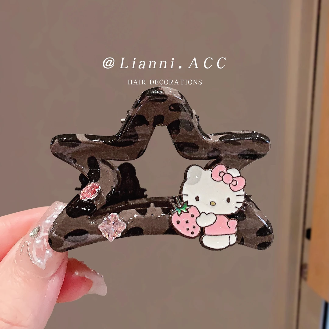 新款豹纹KT猫五角星抓夹高级感少女半扎发发夹侧边卡通小号鲨鱼夹