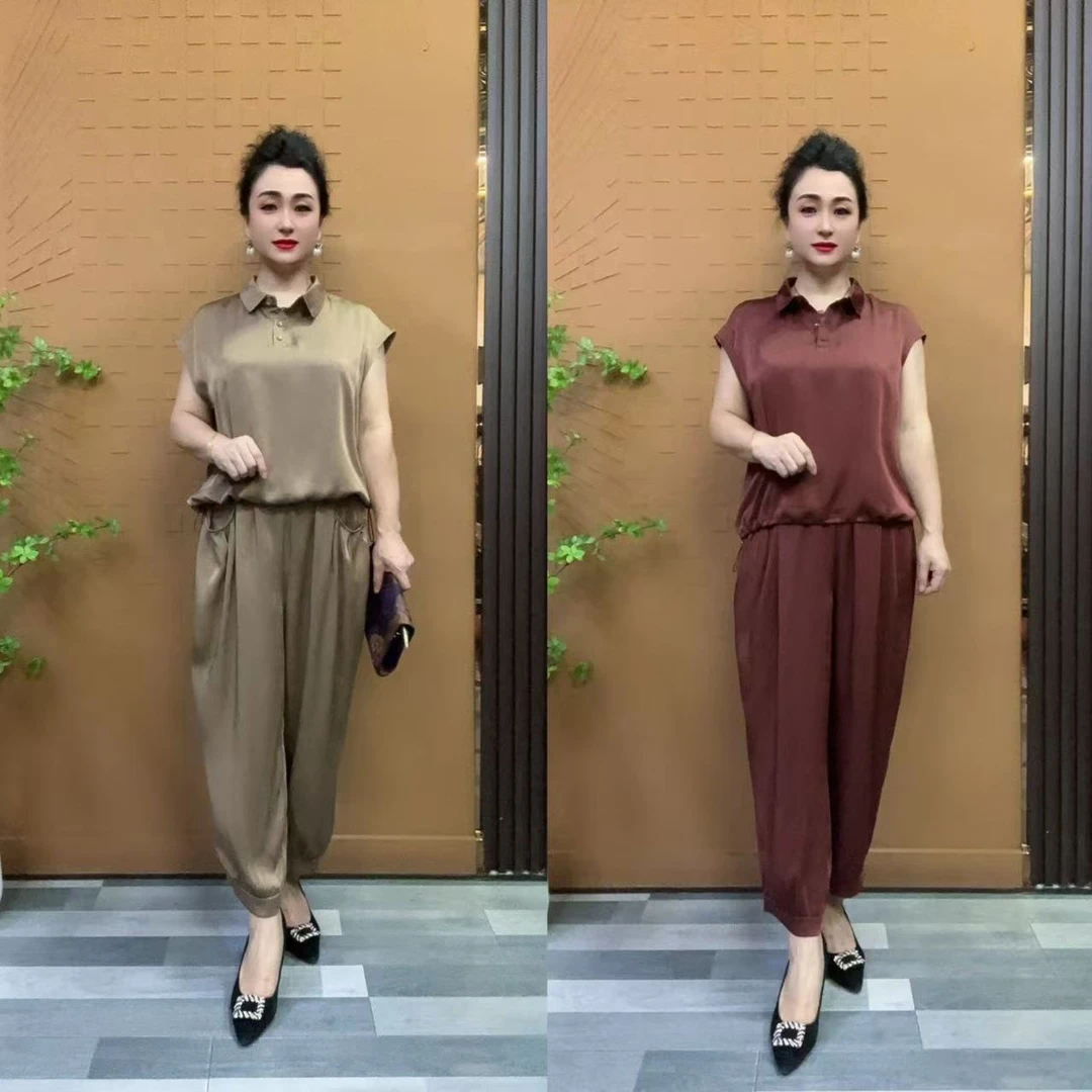 99-1妈妈装夏装高档套装2025新款中老年女装夏季翻领气质两件套