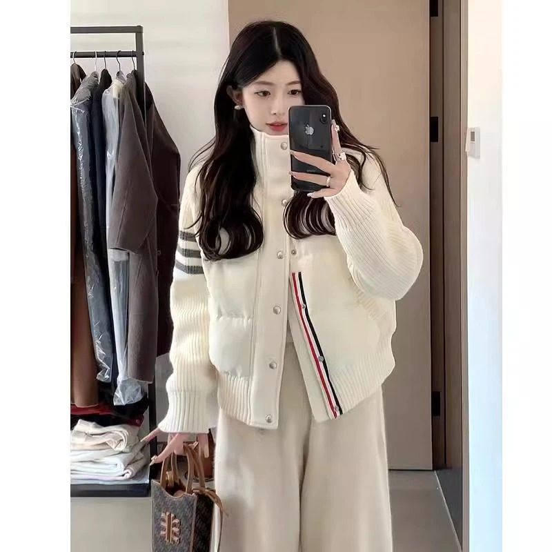 奥莱撤柜TB针织拼接轻薄棉服女短款2025秋冬新款休闲学院风加厚棉