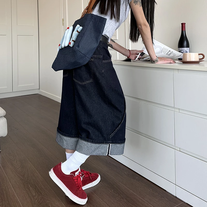 达蒙岛美式高街水洗原牛裤脚卷边设计牛仔裤男女中性风阔腿七分裤