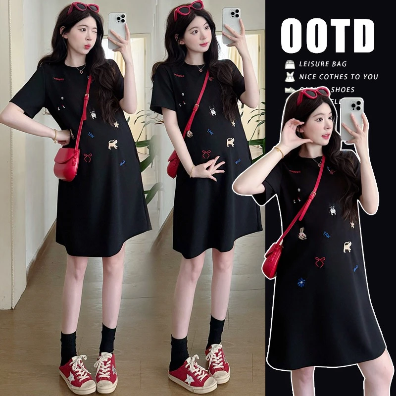 孕妇装2025夏季新品孕妇装韩版百搭设计刺绣小狗显瘦孕妇连衣裙
