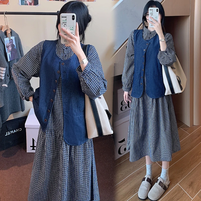 【恬恬】春季新款宽松牛仔马甲+茶歇格子连衣裙韩系孕妈套装#3306