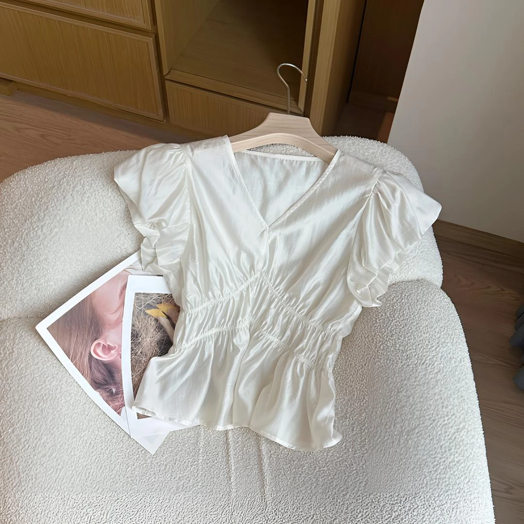 夏季韩版纯色短款褶皱收腰V领小衫上衣百搭时尚减龄修身女6619