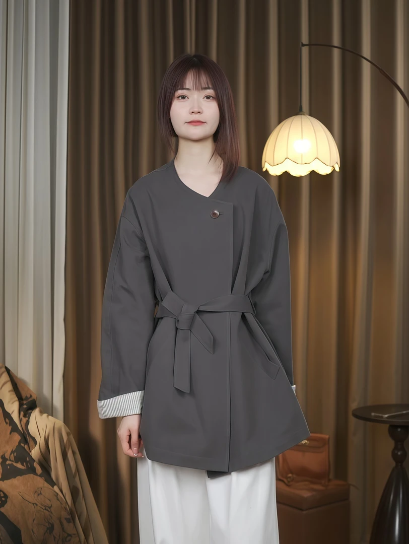 25097#春秋季新款时尚显瘦百搭气质减龄休闲简约通勤风衣中长款