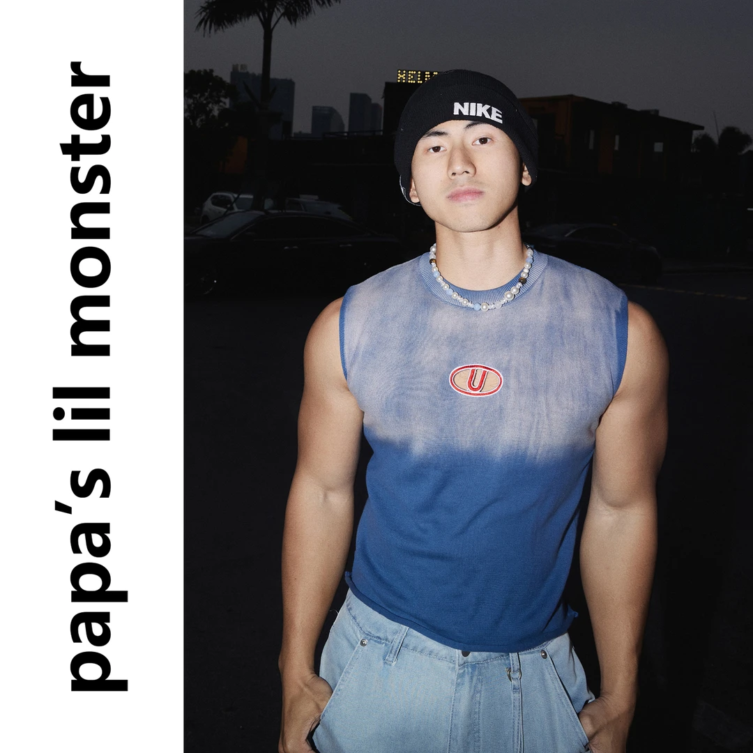 PAPASLILMONSTER 美式棉纱蓝色渐变撞色短款做旧坎肩男女背心