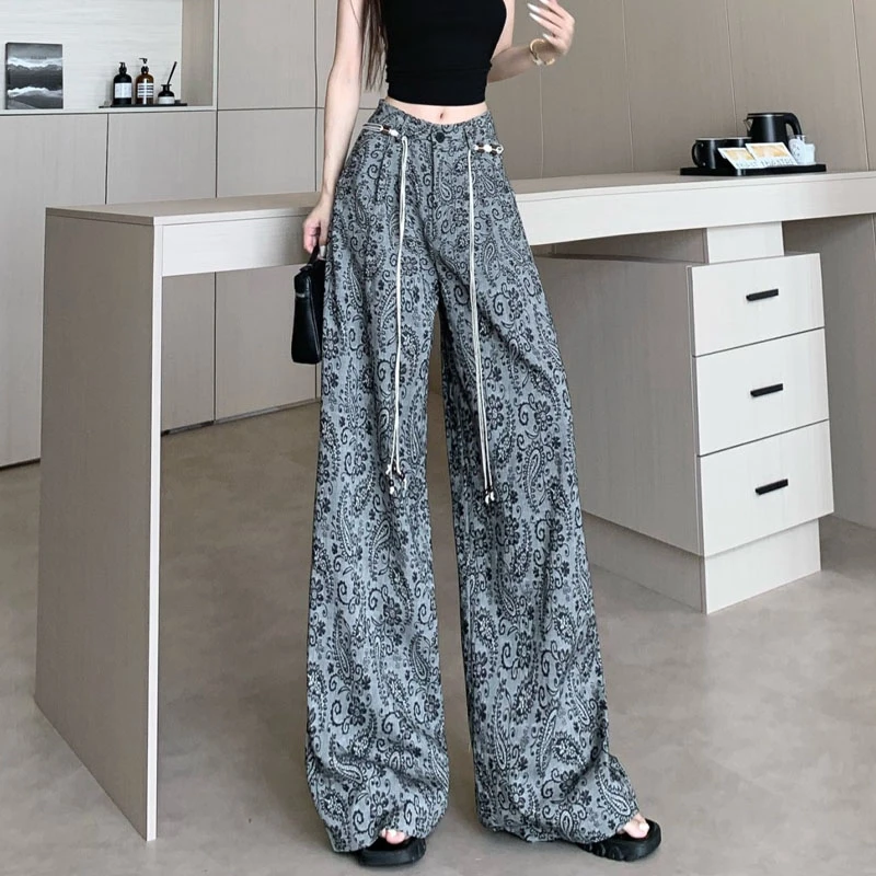 时尚复古印花阔腿裤女夏季薄款设计感高腰显瘦直筒宽松垂感休闲裤
