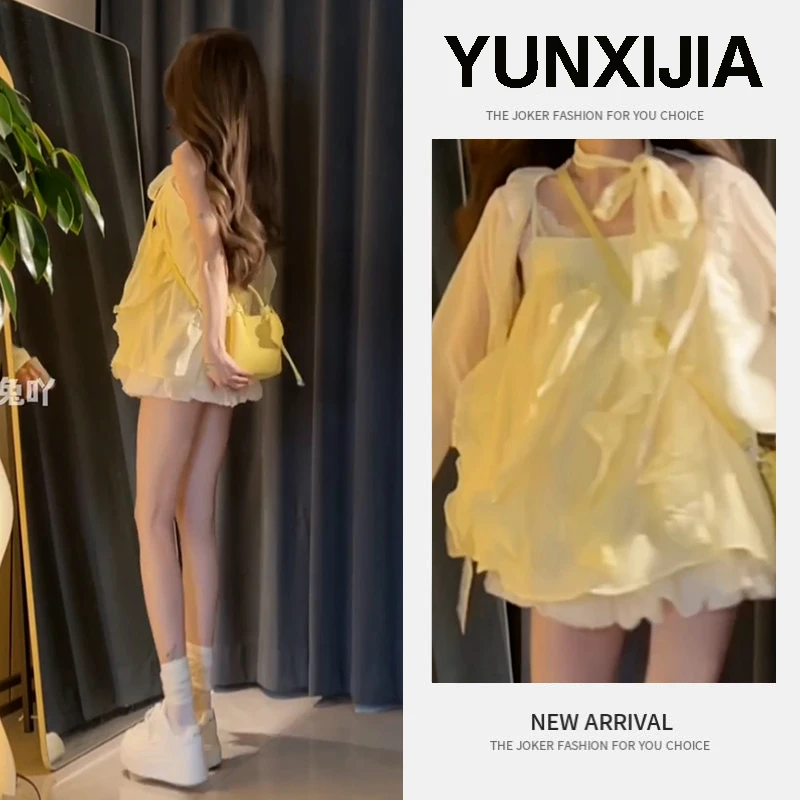 甜美风辣妹性感内搭防晒开衫百搭短裙三件套女2025夏季穿搭一整套