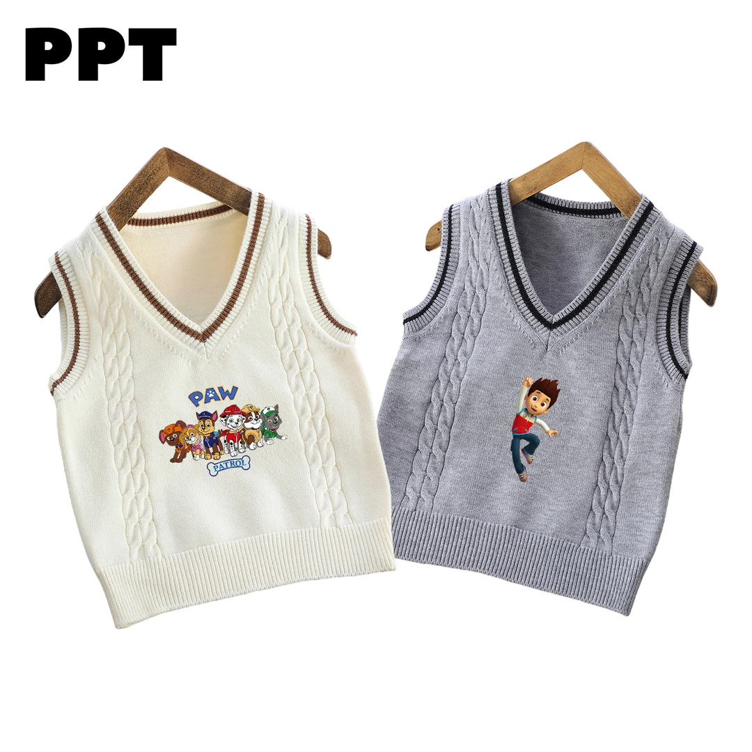 汪汪队儿童马甲秋冬季套头V领坎肩男童无袖打底毛衣女童针织背心