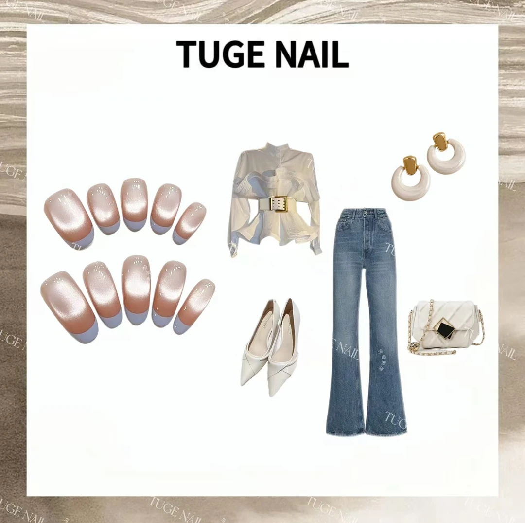 TugeNail “海雾晨曦”春夏显白法式猫眼纯欲手工椭圆穿戴甲TGXX