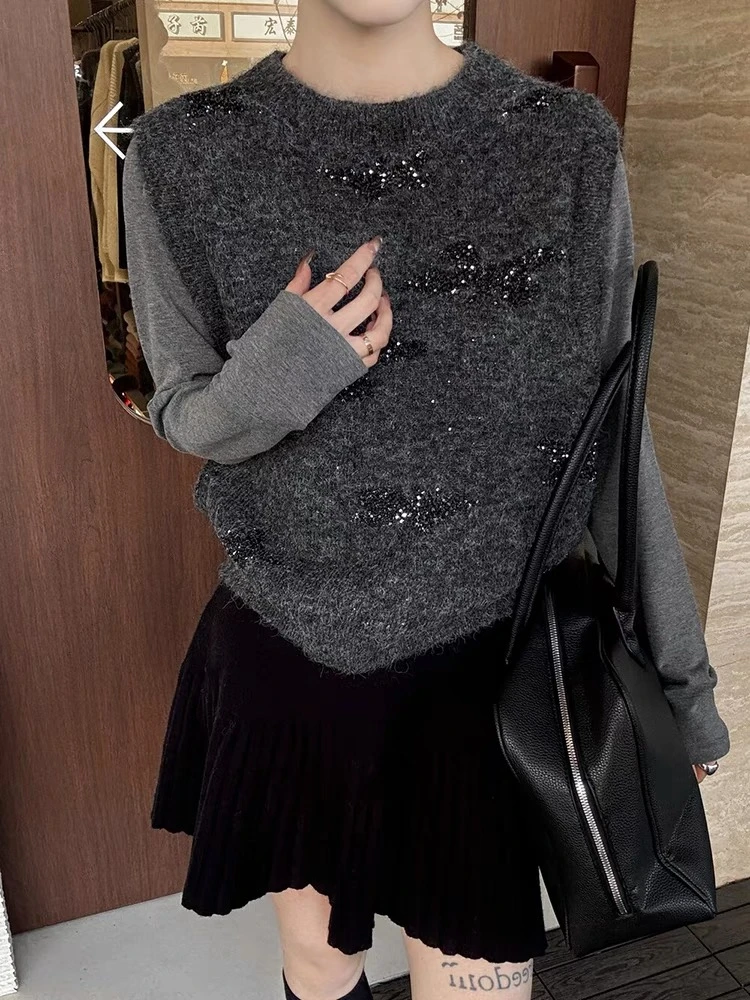 7004-1-CQ灰色真两件套蝴蝶亮片针织上衣（80-135）