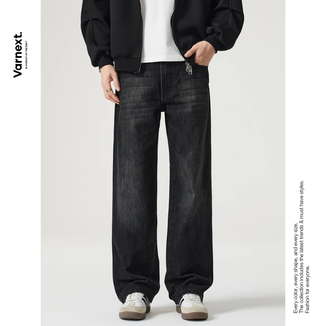VARNEXT秋季新款潮流百搭黑色水洗牛仔裤男美式复古个性后袋长裤
