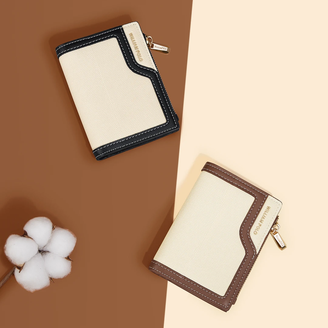 英皇保罗米色经典拼色女士钱包轻奢白色零钱包卡包拼皮复古卡其色