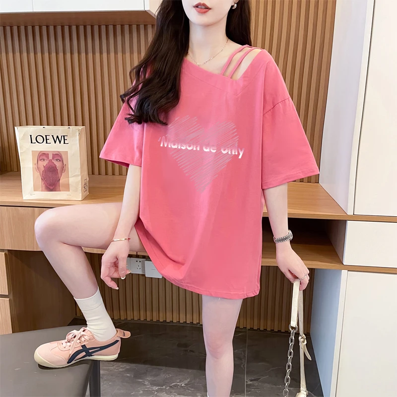 纯棉短袖t恤女中长款夏季新款大码设计感不规则独特斜领露肩上衣