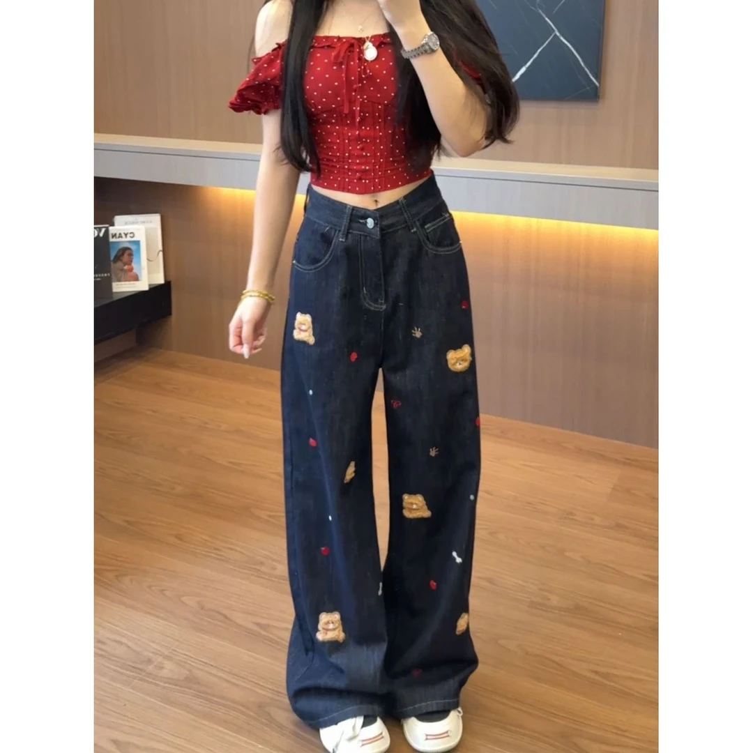 美式小熊贴布刺绣牛仔裤女秋季百搭设计感阔腿长裤直筒拖地裤